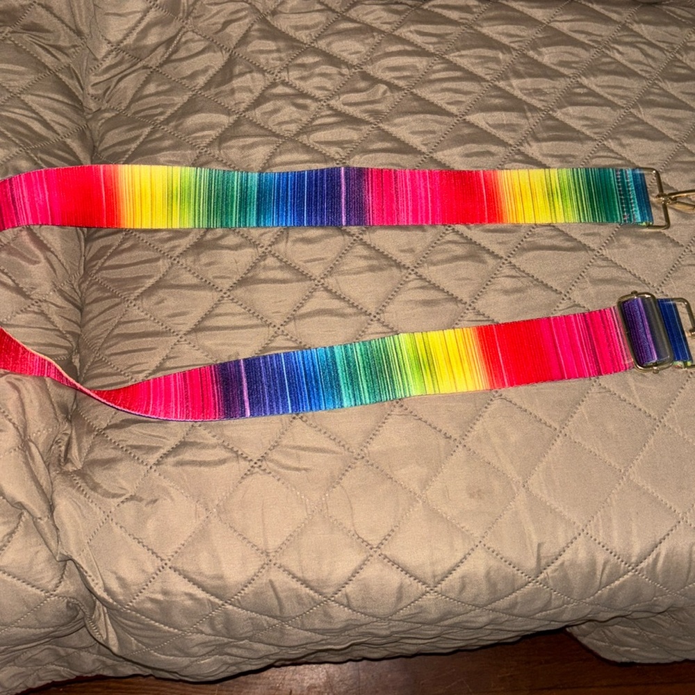 Guitar purse strap 46” rainbow bright colors gold plated clasps